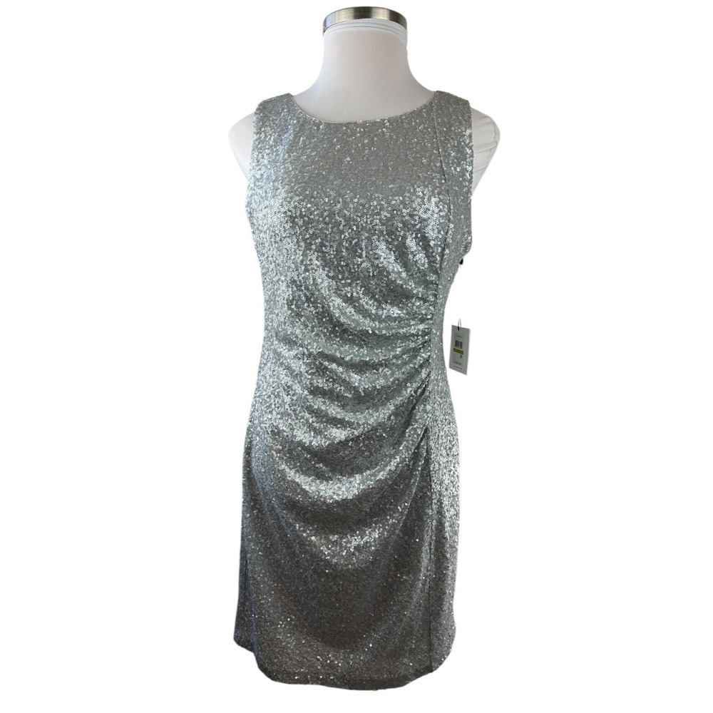 NWT Calvin Klein Sequin Ruched Sheath Shift Dress Silver Pleated Bodycon Size 14 - Picture 2 of 16